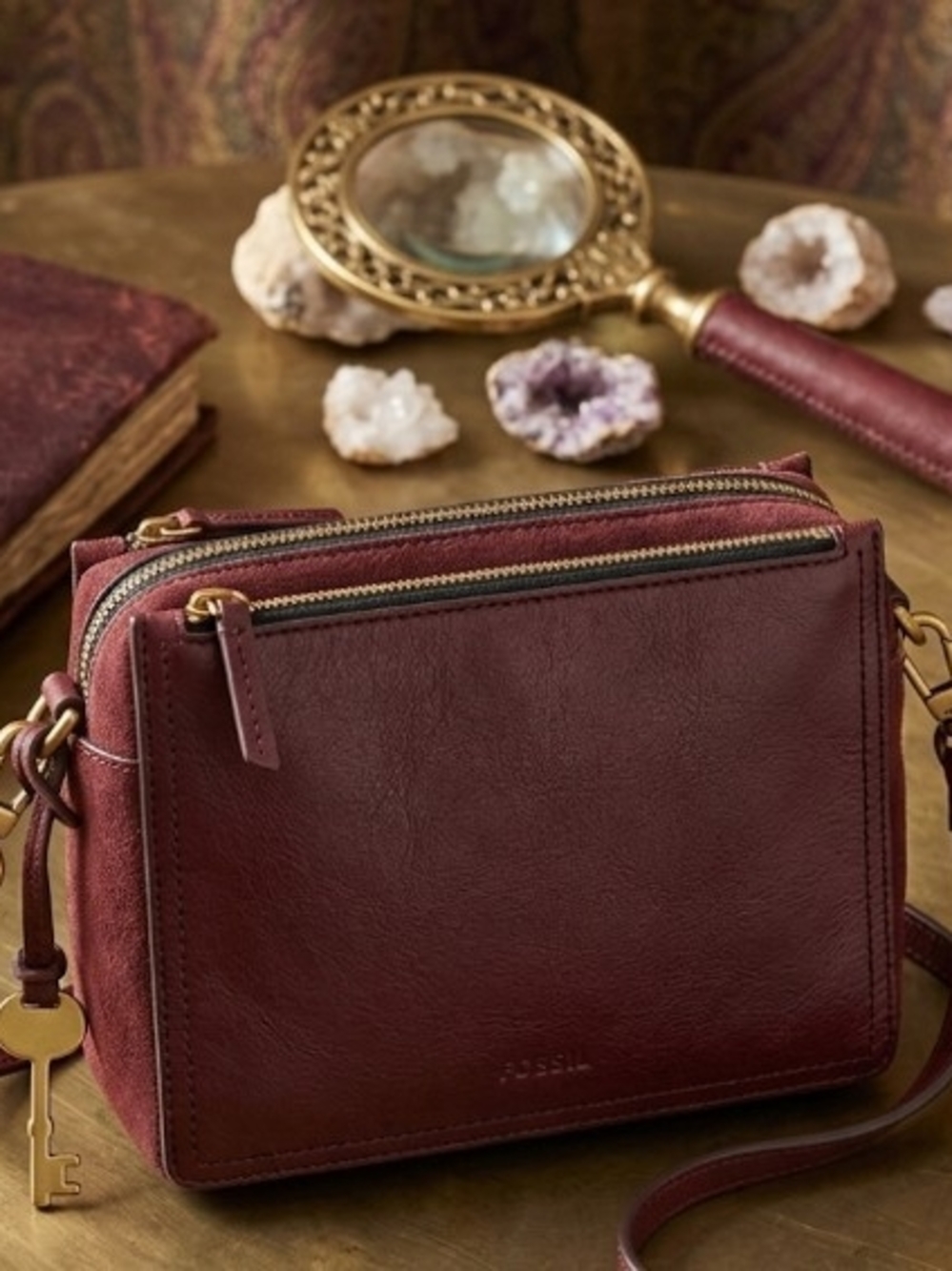 Fossil Leather & Suede Crossbody Bag - Burgundy
